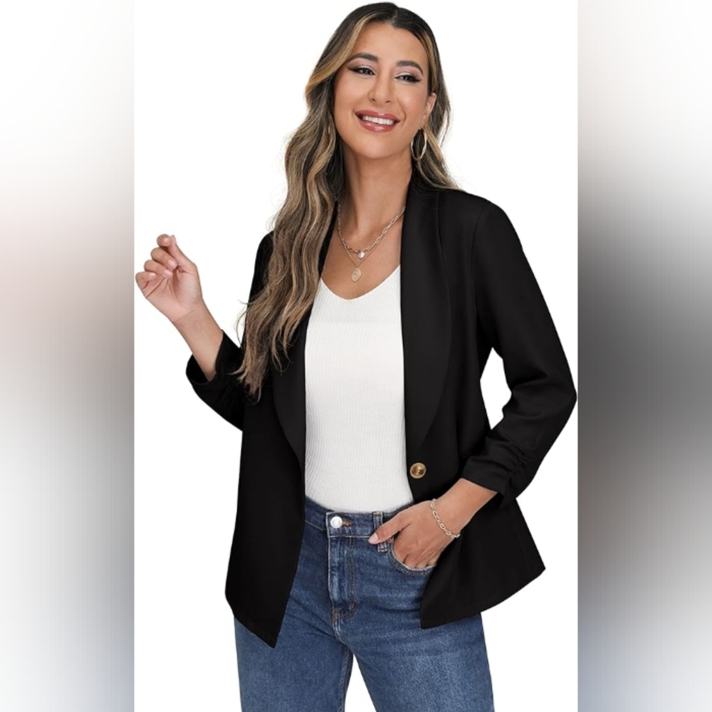 Womens Blazer Jacket for Women 3/4 Ruched Sleeve Work Casual Blazer with Pocket